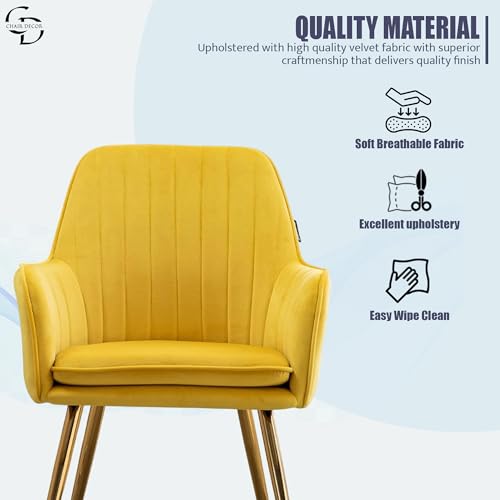 Image of Velvet Accent Chair with Matching Pouffe & Floral Cushion | Modern Upholstered Armchair with Gold Metal Legs | Lounge Chair for Living Room, Bedroom, Office, Guest Room (Yellow)