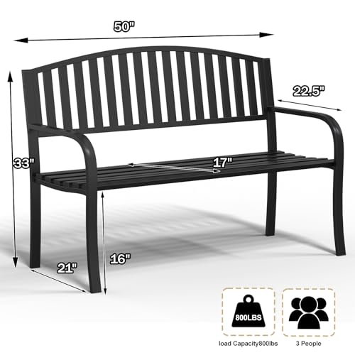 Maemttes 50\" Heavy Duty Outdoor Bench, Wrought Iron Weatherproof Garden Bench Black Metal Patio Bench for Park Proch Yard 880lbs - Thumbnail 3