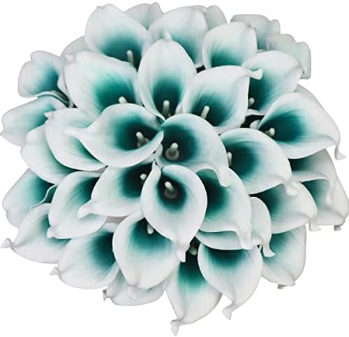 Mini 15" Artificial Calla Lily 10 Stem Bridal Bouquets Artificial Latex Real Touch Flowers for Home Party Decor (Teal Blue White)