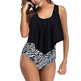 OEAK Damen Bikini Set Zweiteilige Badeanzug High Waist Rüschen Bedruckt Bademode mit Hoher Taille Bauchweg Bikinihose Tankini Oberteil Strandkleidung,C-Schwarz Zebramuster,M