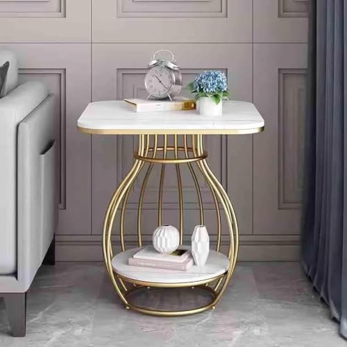 Image of Modern Side Table Corners Living Room Square Table Double Tier Sofa Side Table,Round Base Coffee Table,Portable Bedroom Nightstands Small Space (1Black Gold)