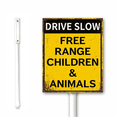 Rustic Caution Free Range Children & Animals Sign, Drive Slowly Aluminum Sign, Slow Metal plaque for Outdoor, Funny Animal Signs Pet Traffic Safety Yard Signs With Stake 20x30 CM