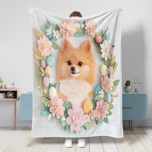 Manta de primavera y Pascua con diseño de perro Pomerania, 60 x 80 pulgadas, novedosa manta de franela cálida y esponjosa para dormitorio, camping, sofá de mascotas