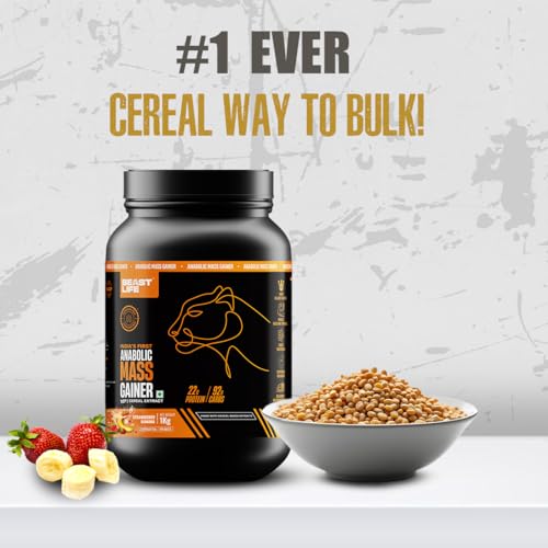 Image of BeastLife High Protein Mass /Weight Gainer | 1 KG | Strawberry Banana | NABL LAB Tested | For Muscle Gain & Fast Growth | Cereal-Based Formula, No Maltodextrin | India's #1 Cereal Based Bulk Gainer