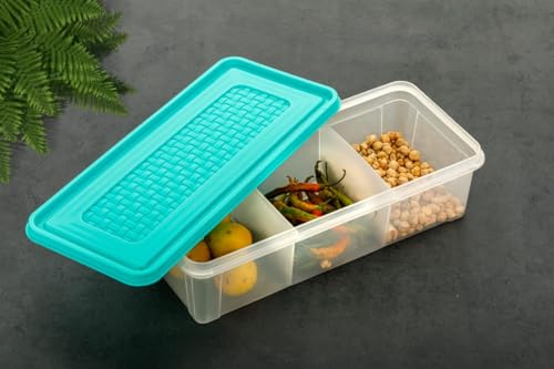 Image of MAGIC SPOON Multipurpose 3 Section Storage Container | Spice Box, Pickle Jar, Fridge Organizer, Dry Fruit, Vegetable & Kitchen Storage Container- 2000ml X 1 Pack (AQUA)