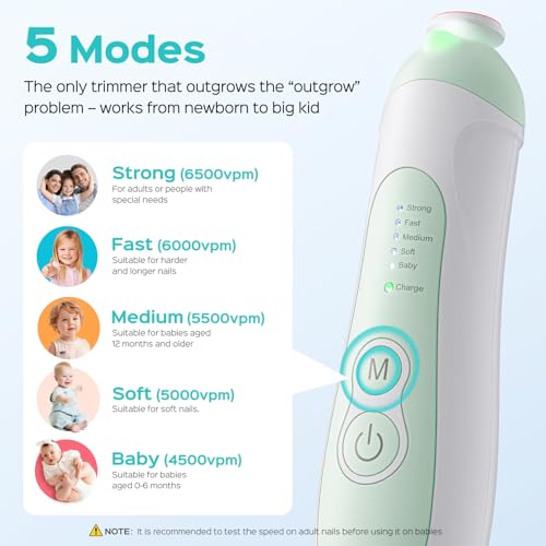 COSLUS C52 Rechargeable Baby Nail File: Cordless Baby Nail Trimmer Electric with 5 Speeds & 6 Grinding Heads for Baby Kid, CPC Certified and Quiet Design - Safe for Sleep Trim Buffer, Green by COSLUS - Image 4
