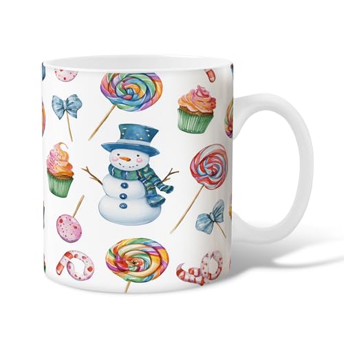 Taza de café de cerámica con diseño de muñeco de nieve, con diseño de magdalenas, piruletas de invierno, color blanco, con asa, regalo para amistad, familia, colegas, profesores, personal de novia