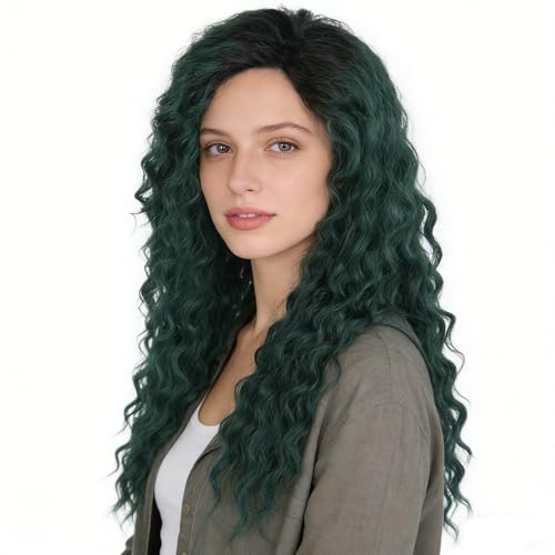 Image of GNIMEGIL Long Curly Wigs for Women Deep Emerald Green Ombre Wig with Fluffy Hairline Loose Hairstyle Synthetic Fiber Drag Queen Cosplay Halloween Costume Party