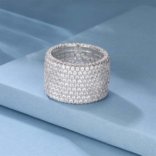 18K White Gold Plated Iced Out Engagement Promise Wedding Eternity Ring for Women Men, Sparkling Cubic Zirconia Round Rings 15mm Width Size 5-10
