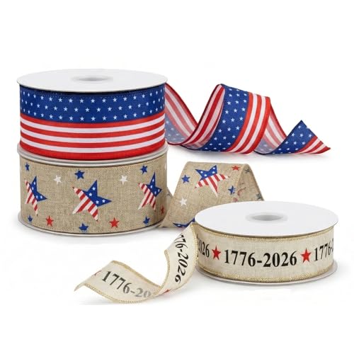 1776-2026 Patriotic Wired Burlap Ribbon Set, 15 Yards for Wreaths & DIY by IDONGCAI - Used condition - US$6.11