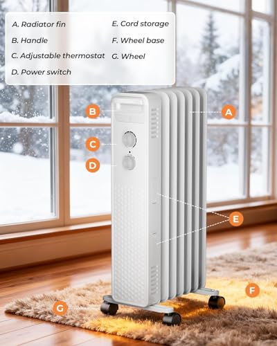 ZAFRO 1500W Electric Oil-Filled Radiator Heater with Adjustable Thermostat, Overheat and Tip-Over Protection, Low Noise, Portable Plug-in Heater for Home, Bedroom, Dorm, Office