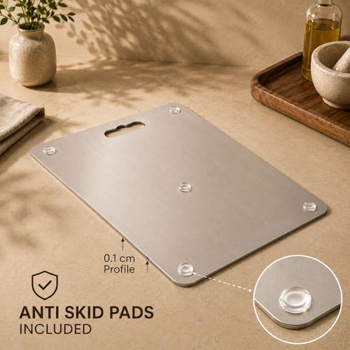 Image of Amazon Brand - Solimo Regular Chopping Slicing, Kneading Board | Stainless Steel | Double Sided | Round Edge | for Vegetables, Fruits (M)