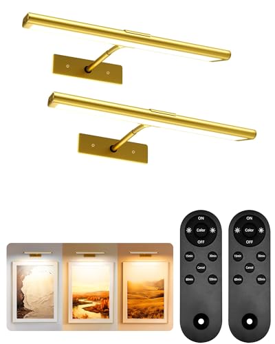 Image of EZVALO Picture Light for Wall, 4800mAh Rechargeable Wireless Remote, 13'' Dimmable Magnetic LED Art Display Light with 3 Color Temperatures, for Gallery, Living Room, Bedroom, Hallway (Gold-2Pack)