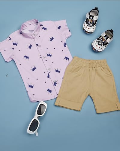Image of Vikita Enterprise Kid Boy's Hosiery Cotton Blend Printed Cord Set with Mandarin Collar Short Sleeve Shirt and Side Pocket Elastic Waistband Closure Short Pant with Tie