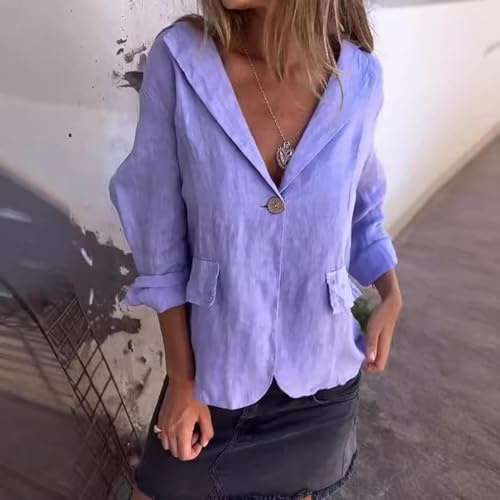 Cotton and Linen Casual Lapel Single-Button Thin Coat, Linen Blazer for Women Lightweight 3/4 Sleeve Summer Lapel Jacket3