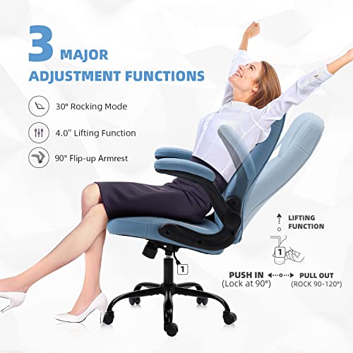 Seatzone Office Chair Ergonomic Desk Chair, Pu Leather High Back Executive Chair, Swivel Rocking Computer Chair With Flip-Up Padded Armrest And Adjustable Height,Blue #TOP2