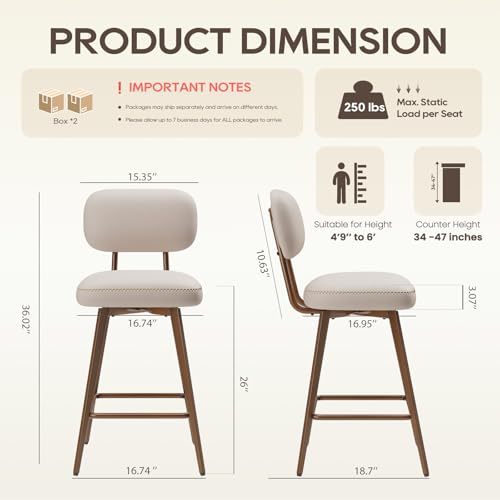 Image of MALOL 26 inch PU Leather Swivel Bar Stools Set of 4, Mid Century Counter Height Bar Chairs with Low Back and Metal Legs, Modern Bar Stool Chair for Kitchen Island, Beige