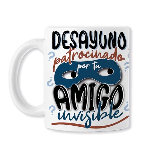 BAOBAB REGALOS Canecas amigáveis invisíveis (pequeno-almoço patrocinado pelo seu amigo invisível - presente amigo invisível - caneca original para oferecer no Natal com frase e desenho, ideal para o