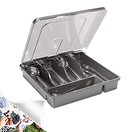 HIMAPETTR Küchenschrank Besteckkasten mit Deckel, Besteck Organizer Schublade, Schublade mit rutschfeste Füße, 5 Fächer Besteckkasten, Deckel Besteck Sortierschale,Schwarz Cover