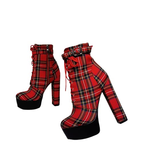 Frankie Hsu Fashion Platform Chunky Block Heel Red Plaid England Lattice Preppy Look Modern Cool Girl Style Large Big Size Block High Ankle Short Bootie for Women Men