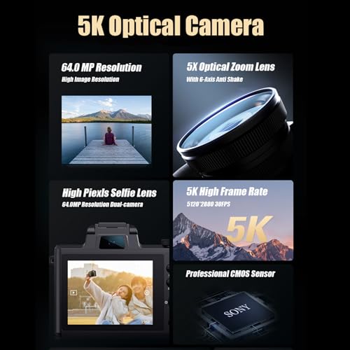 Dododuck 5K Digital Camera: Autofocus, 5X Optical Zoom, 64MP, Vlogging and Video Camera with 6-Axis Stabilization, Dual Cameras Front and Rear, Echo Cancelling Microphone, 2 Batteries (5K) - Image 4