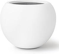 KuteNest Globo Medium Fiberstone Round Planter 16"D x 12.8"H - Weather-Resistant Indoor/Outdoor Pot w/ Drainage Hole & 2 Coco Mats (White, 10.7" Opening)