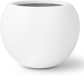 KuteNest Globo Medium Fiberstone Round Planter 16"D x 12.8"H - Weather-Resistant Indoor/Outdoor Pot w/ Drainage Hole & 2 Coco Mats (White, 10.7" Opening)
