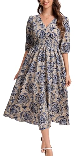 Image of Kormei Women Casual Boho V Neck 3 /4 Sleeve Smocked Waist A Line Flowy Swing Midi Dress Smocked Long Dress