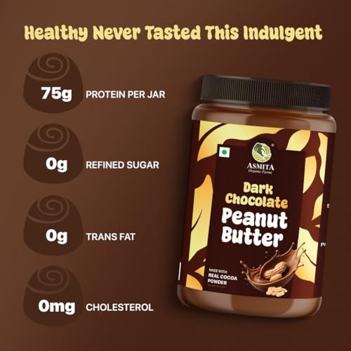 Image of Asmita Organic Farms Dark Chocolate Peanut Butter 900g | Smooth & Creamy Peanut Butter | High Protein Spread | No Refined Sugar | Cholesterol & Trans Fat Free | Healthy Spread for Breakfast & Snacks