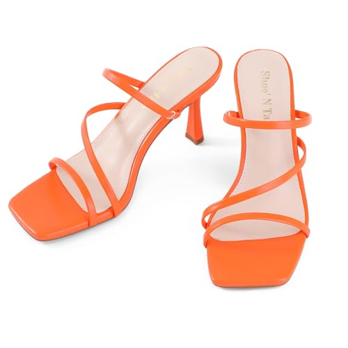 Image of Shoe'N Tale Strappy Kitten Heels For Women Stiletto Mules Square Open Toe Slip On Sandals