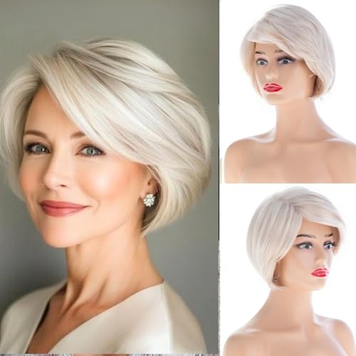 Perruque courte blond platine en fibres synthétiques de haute qualité effet naturel