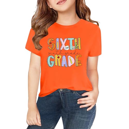 Girls Round Neck T Shirts Sixth Grade Pattern Back to School T-Shirt for Kids Summer First Day of School Tee Clothes