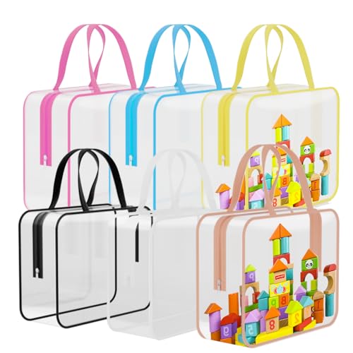 6 Packs Toy Storage Bags PVC Waterproof Organizers Toy Bags Reusable Clear PVC Board Game Storage with Zipper and Handle for Board Games, Building Blocks, Puzzles, Toys and Handmade Accessories