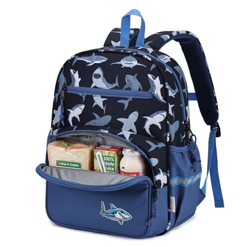 Image of Kasgo Kids Backpack for Boys, 15 Inch School Bag with Insulated Pocket, Reflective Strip & Chest Strap, Lightweight Rucksack for Reception Primary Y1-3, Fits A4 Folder, Ages 5-8 Blue Shark