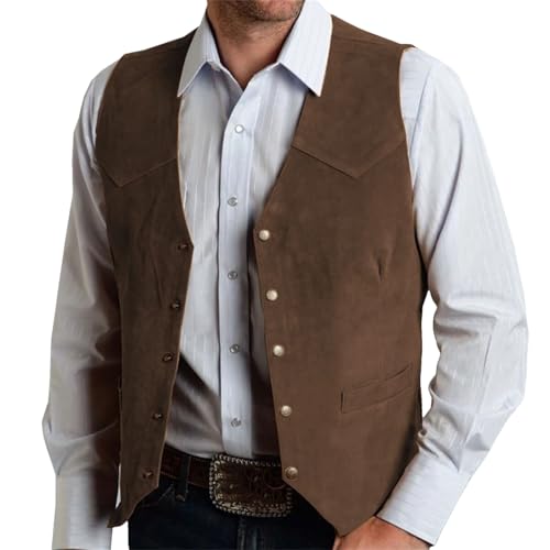 Men's Suede Leather Vest, Business Waistcoat, Vintage Western Cowboy Slim Fit Banquet Suit