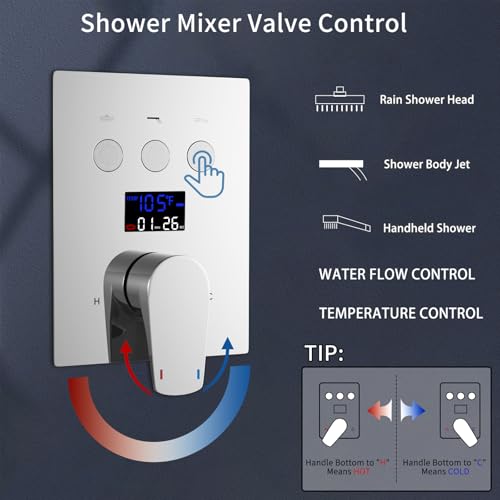 Sistema de ducha con mezcladora y pantalla digital de temperatura WHSHOWER con 6 jets corporales, cabezal cuadrado de 12 pulgadas, acabado cromado miniatura 5