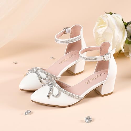 Image of LAURMOSA Girls Sandals Closed Toe High Heels Pointed Toe Ankle Strap Pumps Flower Girl Dressy Shoes in Wedding Party Cute Bowknot Chunky Block Heeled for Little Big Kids