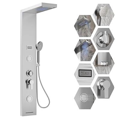 Shower Panel Tower System, LED Shower Panel Tower, Rainfall Waterfall Shower Head with Handheld, 2 Body Jets, 3-Function Faucet Rain System with Tub Spout, Temperature Display, Brushed Nickel