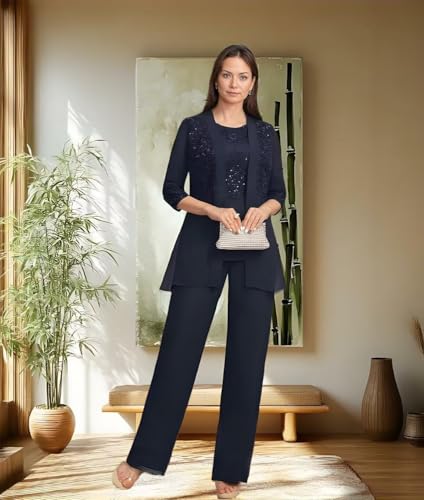 Mother of The Bride Pantsuits 3 Piece Applique Grandmother of The Bride Pantsuits for Wedding with Shoulder Pad Jackets3
