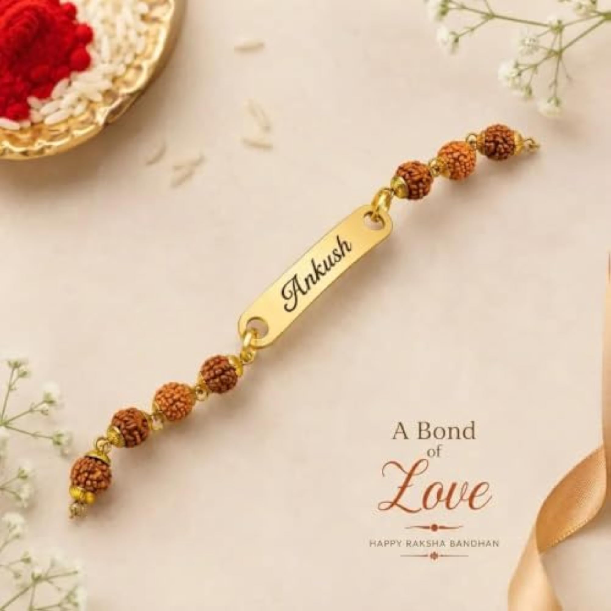 Personalized Metal Rakhi Bracelet for Brother with Rudraksha Beads