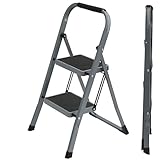 UZIRO Escalera Plegable 2 Peldaños -Estructura de Acero y Peldaño Antideslizante - Asa Superior de Goma - Escaleras Plegables Domésticas - Step Ladder para Hogar (Gris, 2 Pedaños)