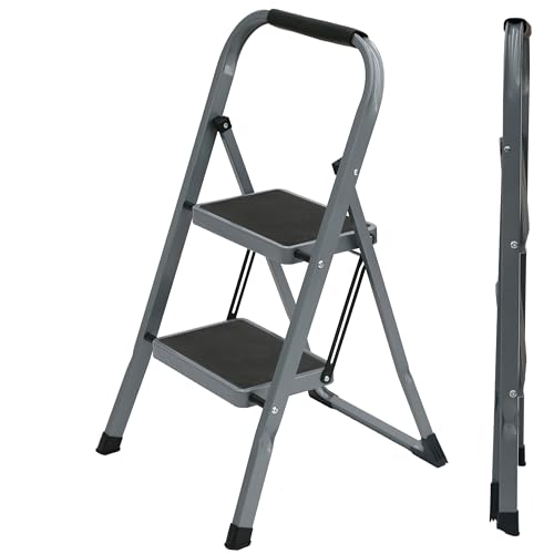 UZIRO Escalera Plegable 2 Peldaños -Estructura de Acero y Peldaño Antideslizante - Asa Superior de Goma - Escaleras Plegables Domésticas - Step Ladder para Hogar (Gris, 2 Pedaños)