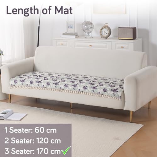 Image of HOKIPO Lavender Vine Quilted Sofa Cover Mat for 3 Seater Sofa with Tassels 'Tassel Twigs' Series (IN-985-T1)
