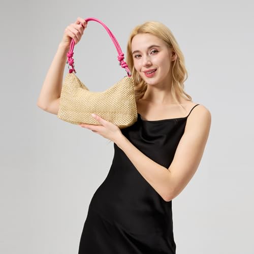 Bolso tote de paja tejida para verano y playa, estilo hobo con asas de cuerda de PU, sin forro miniatura 3