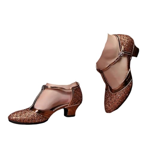 Hixingo Zapatos de Baile Latino Mujer Tango Zapatos de Salsa y Bachata con Tacón 3,5cm Cómodos Elegante Sandalias para latín, Salsa, Tango, Rumba, Cha Cha (D309 Café,38)