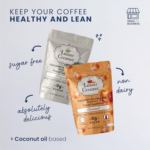 Leaner Creamer Coconut Oil Non-Dairy Creamer Bundle, Original & Caramel Flavors – Sugar-Free, Keto, Gluten-Free Powdered Coffee Creamer for Coffee, Smoothies & Shakes – 2-Pack (280g Each)