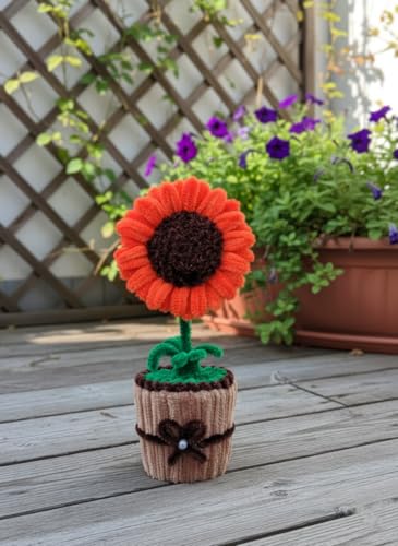 Image of Handmade Artificial Flower Pot for Home Decor | Cute Fuzzy Wire Pipe Cleaner Flower Plant | Aesthetic Tabletop Decorative Pot for Home, Office & Gifting (Soft Bloom :- Orange)