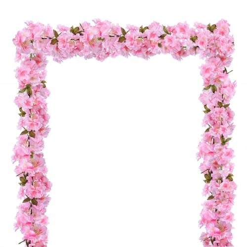 Image of Artificial Cherry Blossom Garland | Set of 2 String Hanging Vine | Faux Flowers for Home Garden Party Decor | Hanging Blossom Garland for Wedding Indoor Outdoor Decoration, Pink