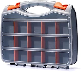 CASOMAN 12-inch Double-Side Hardware Box Storage with 15 Compartments Each Side, DIY Removable Dividers, Tool Organizer