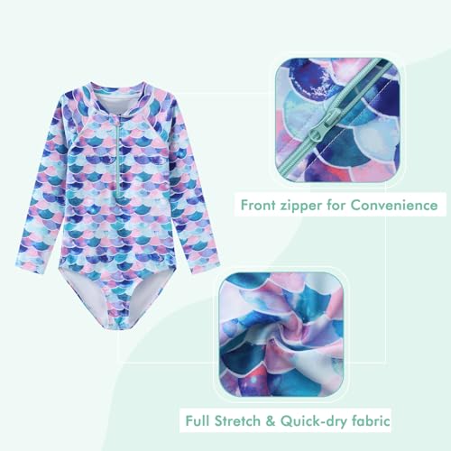 Image of Moon Tree Girls One Piece Swimsuits Long Sleeve Rash Guard Zipper Front Bathing Suit UPF 50+
